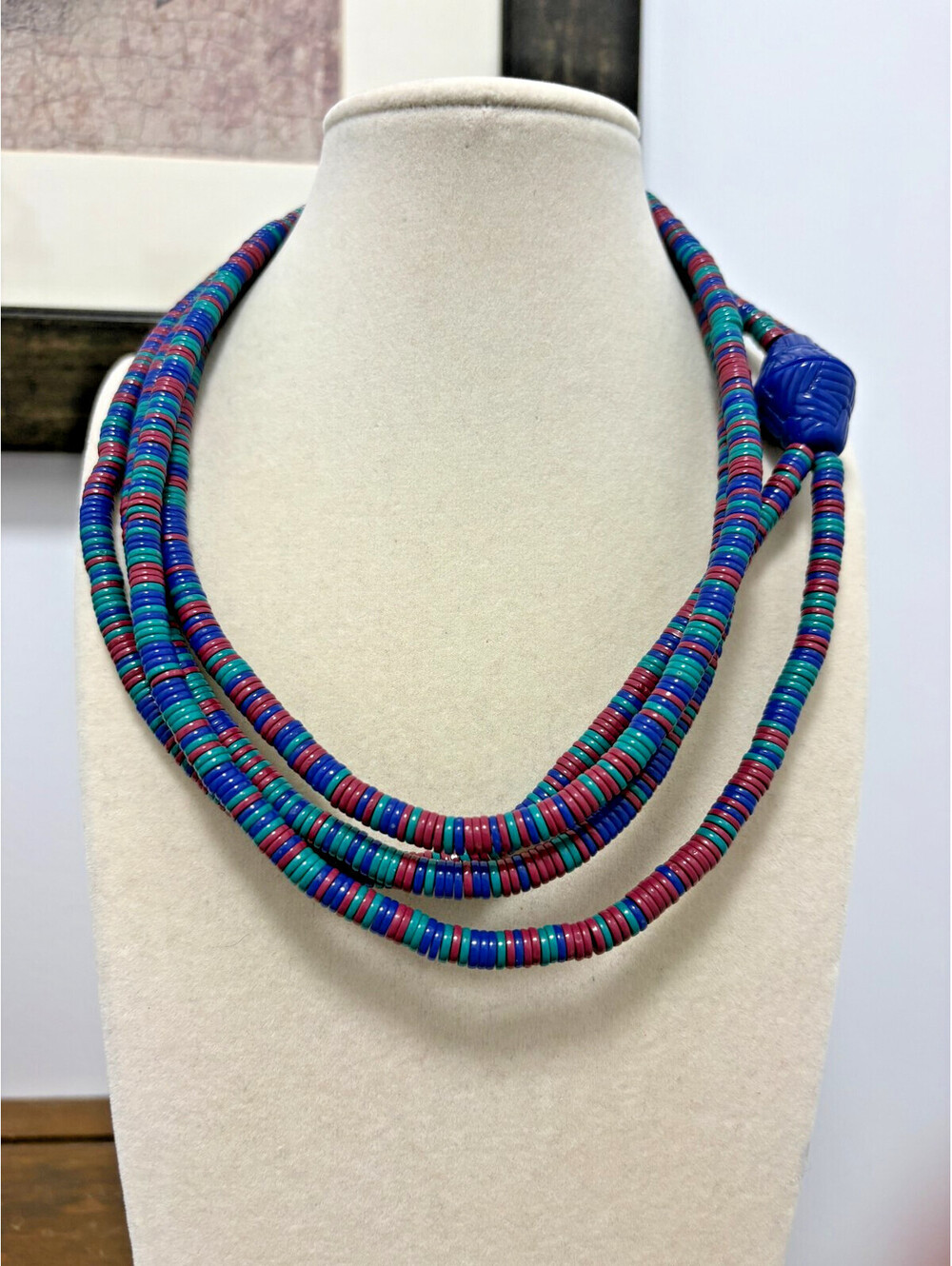 Vintage 80s Jewel Tone Blue Burgundy Plastic Disk Necklace with Bicone Clasp MCM